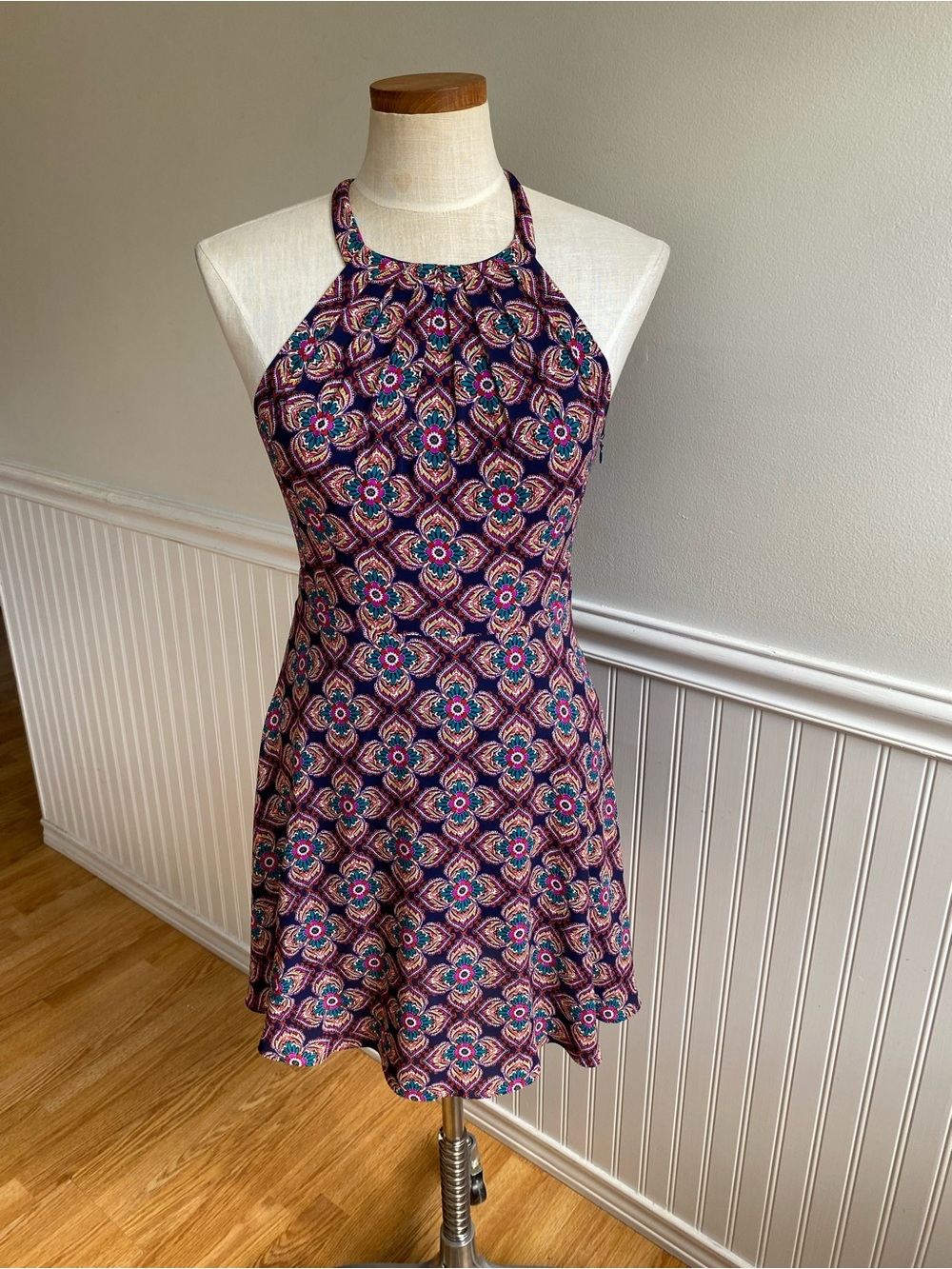Express Purple Halter Dress with Pink & Teal Accents